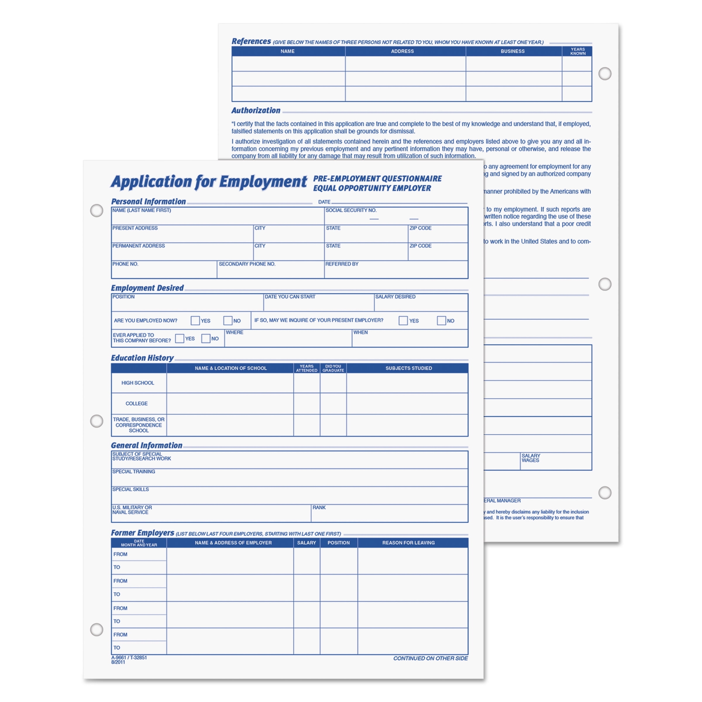 Tops 32851 Legal Job Application Form 8 1 2 X 11 Two 50 Form Pads Pack SFI Certified Walmart
