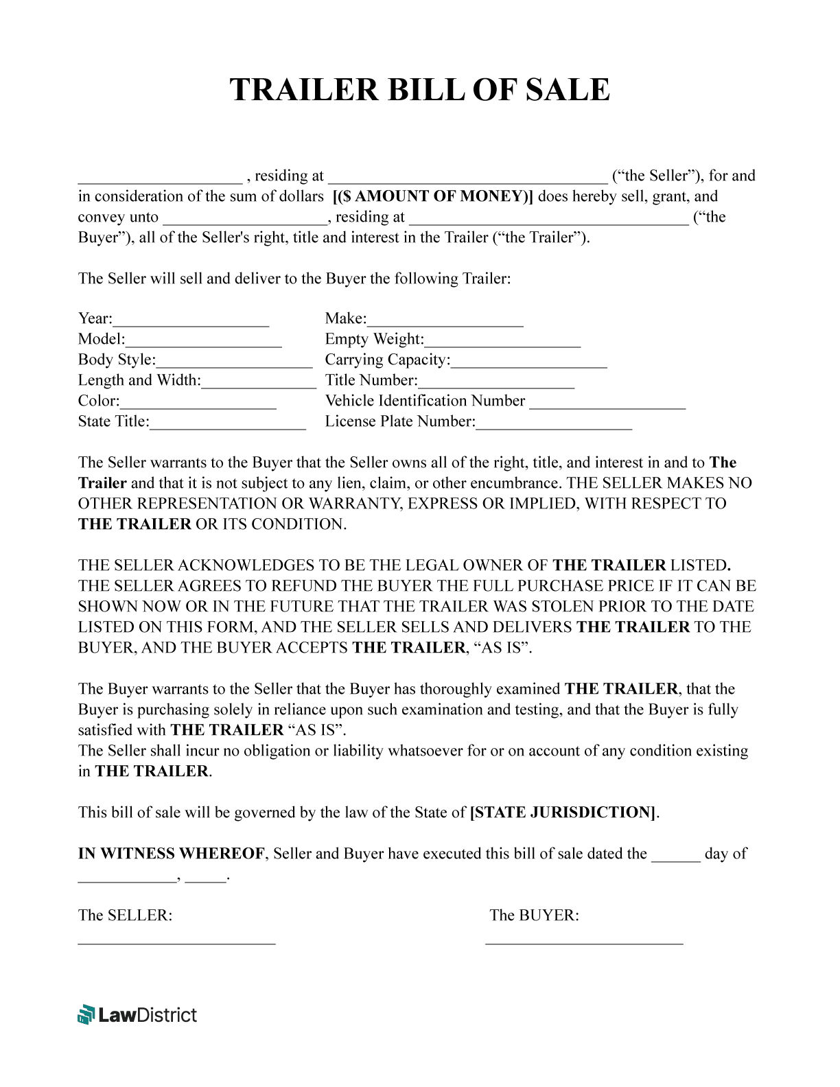 trailer bill of sale trailer bill of sale