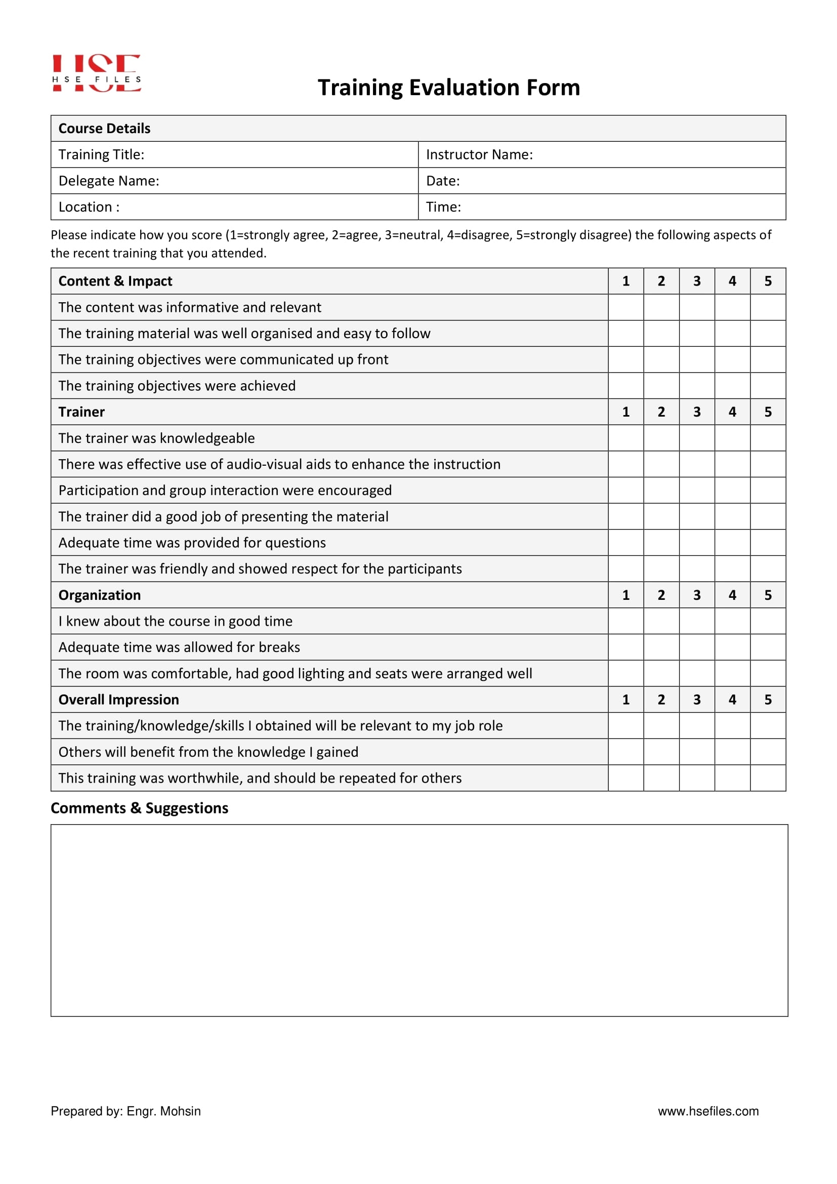 Training Evaluation Form Hsefiles