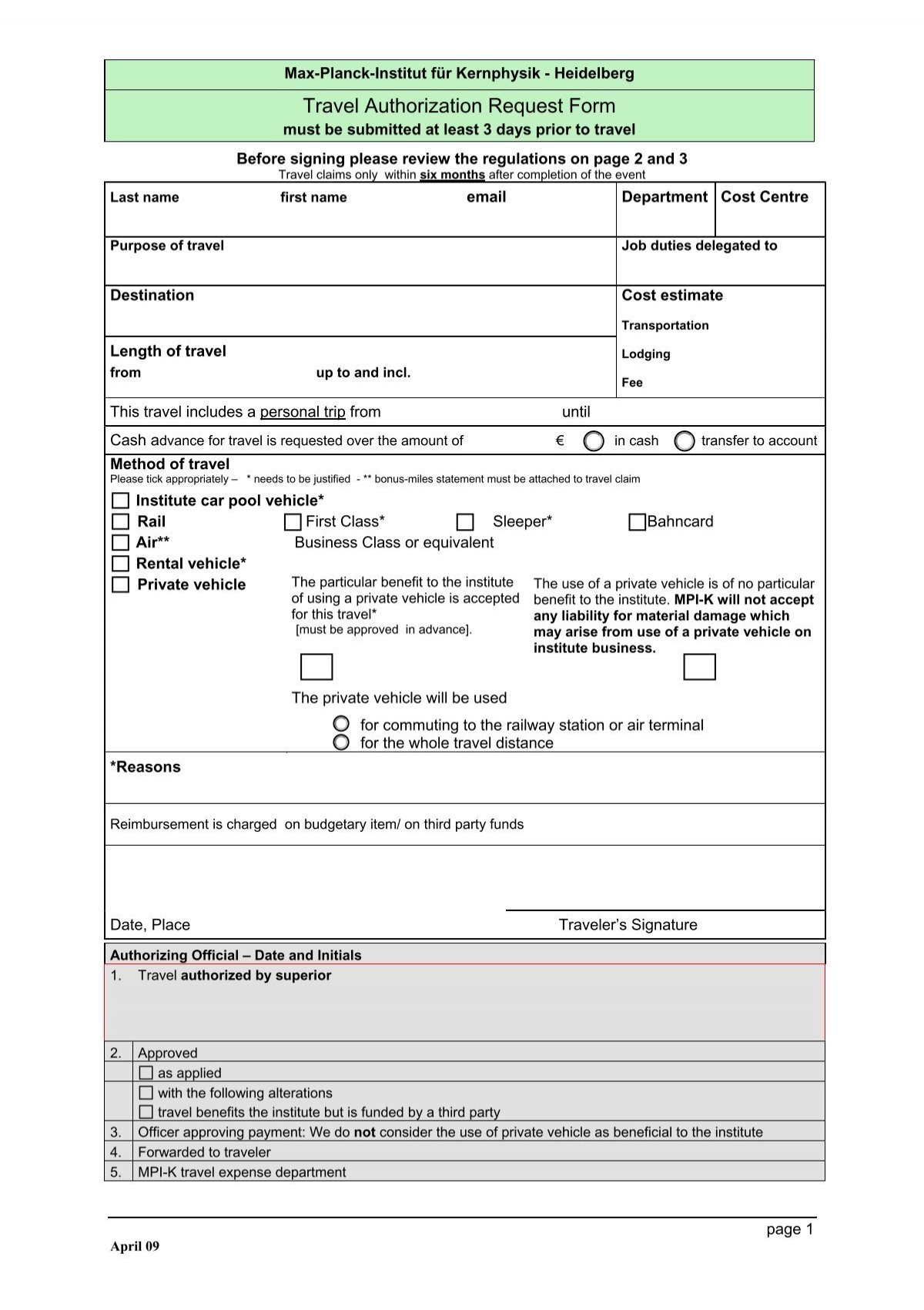 travel authorization form