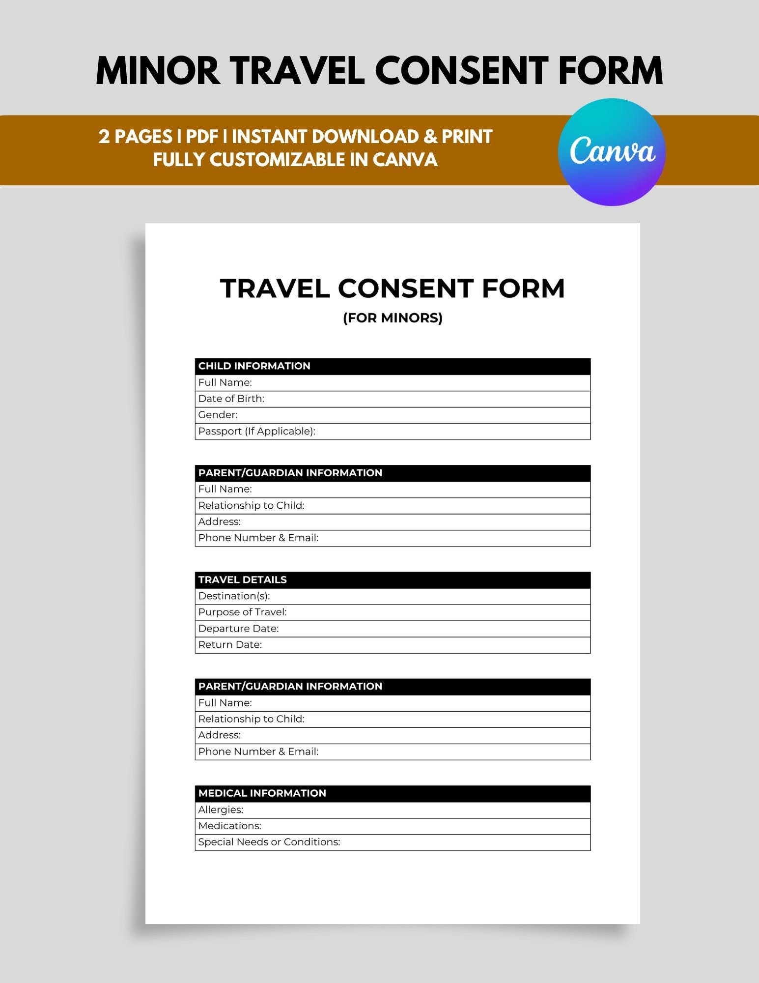 Travel Consent Form For Minors Parental Consent Form Authorization Letter Child Travel Consent Guardian Consent Child Travel Permission Etsy