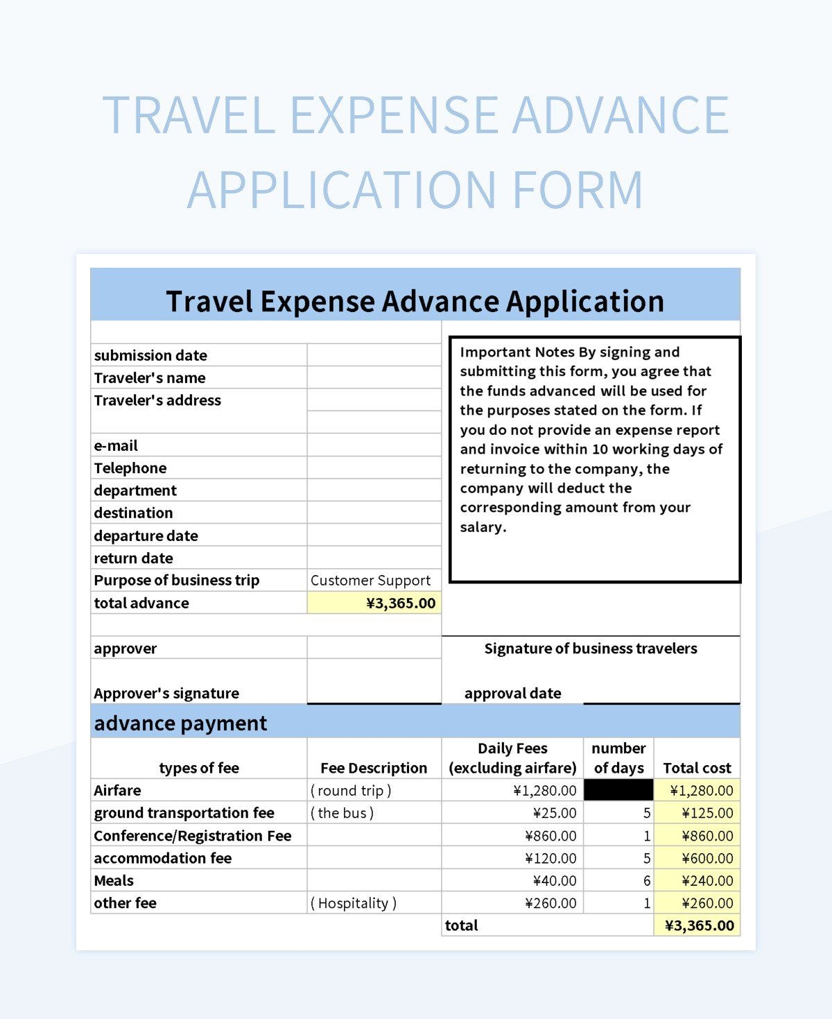 Travel Expense Advance Application Form Excel Template And Google Sheets File For Free Download Slidesdocs