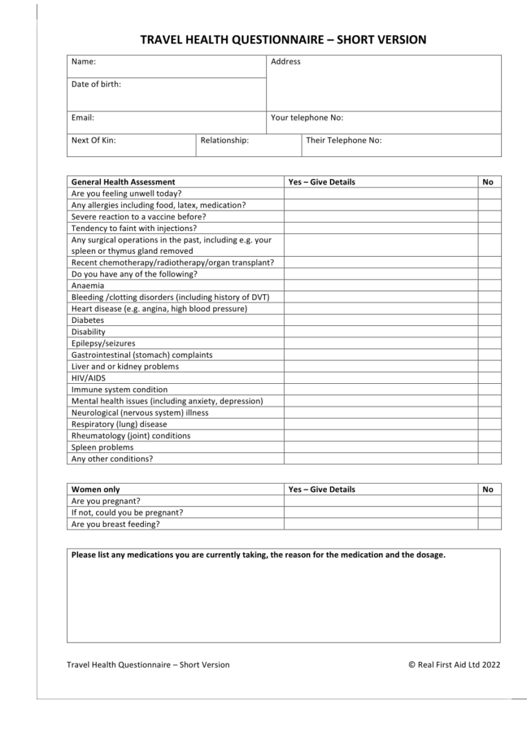 Travel Health Questionnaire REAL First Aid