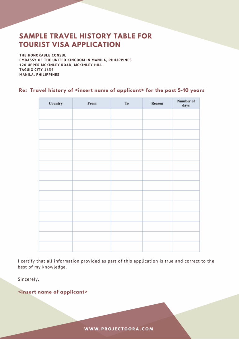 Travel History Template For UK Visitor Visa Application Project Gora