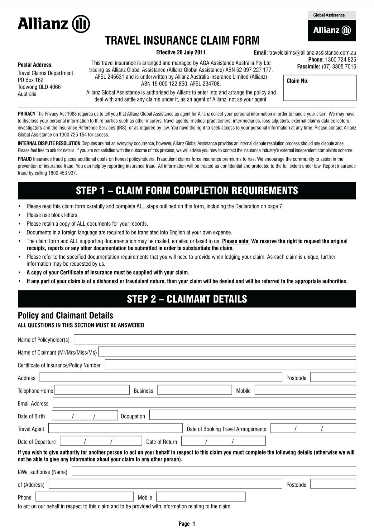 TRAVEL INSURANCE CLAIM FORM AIS Insurance Brokers