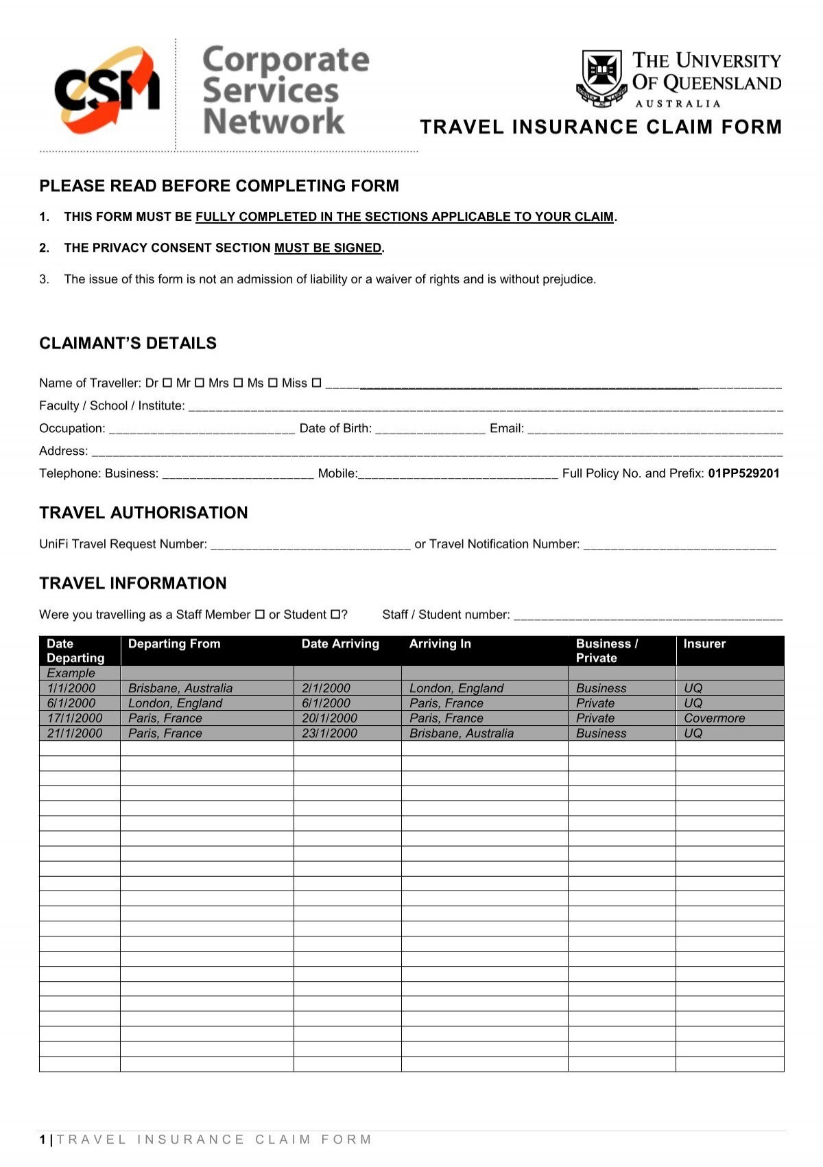 Travel Insurance Claim Form Finance And Business Services 