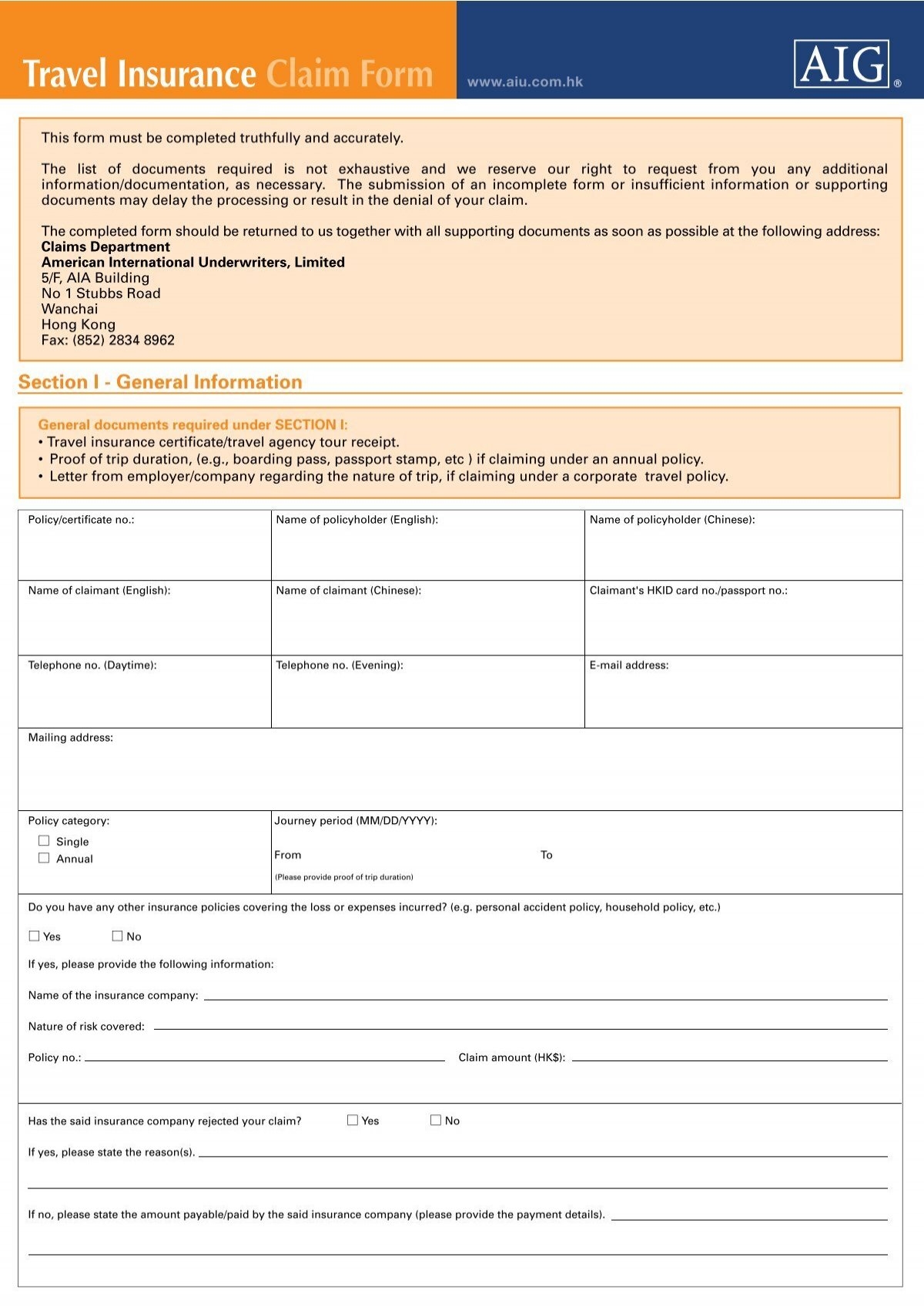 Travel Insurance Claim Form Www aiu hk