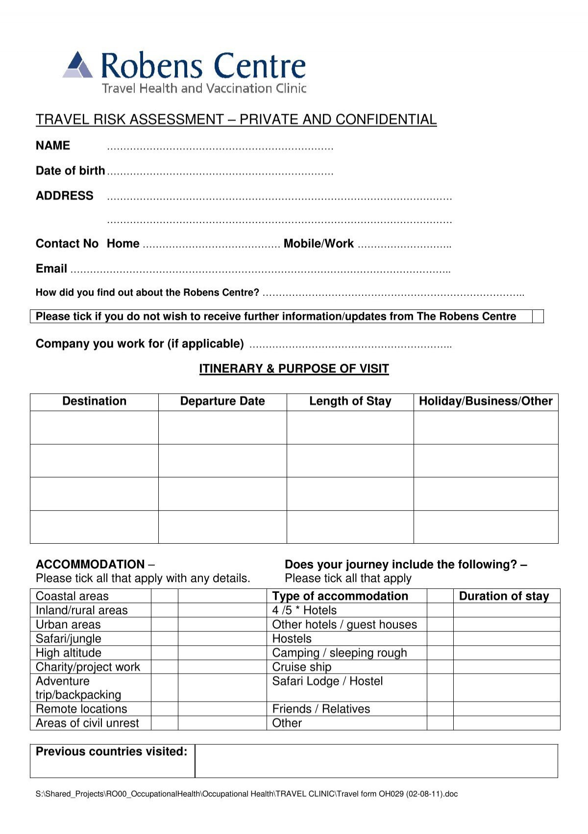Travel Risk Assessment Form Robens Centre For Occupational Travel Risk Assessment Form Robens Centre For Occupational