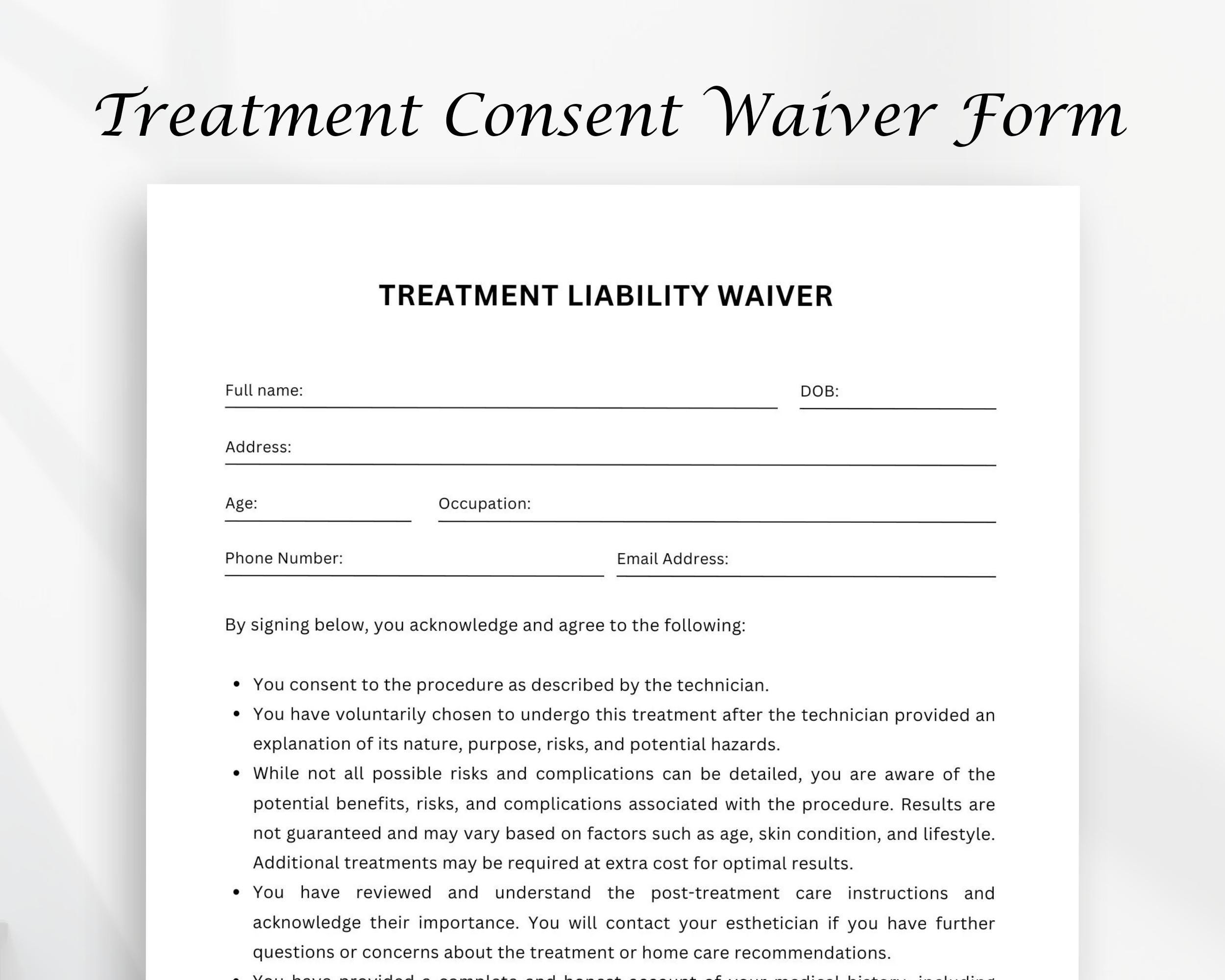 Treatment Liability Waiver Form Printable Form Editable Form Template Editable Canva Templates Etsy