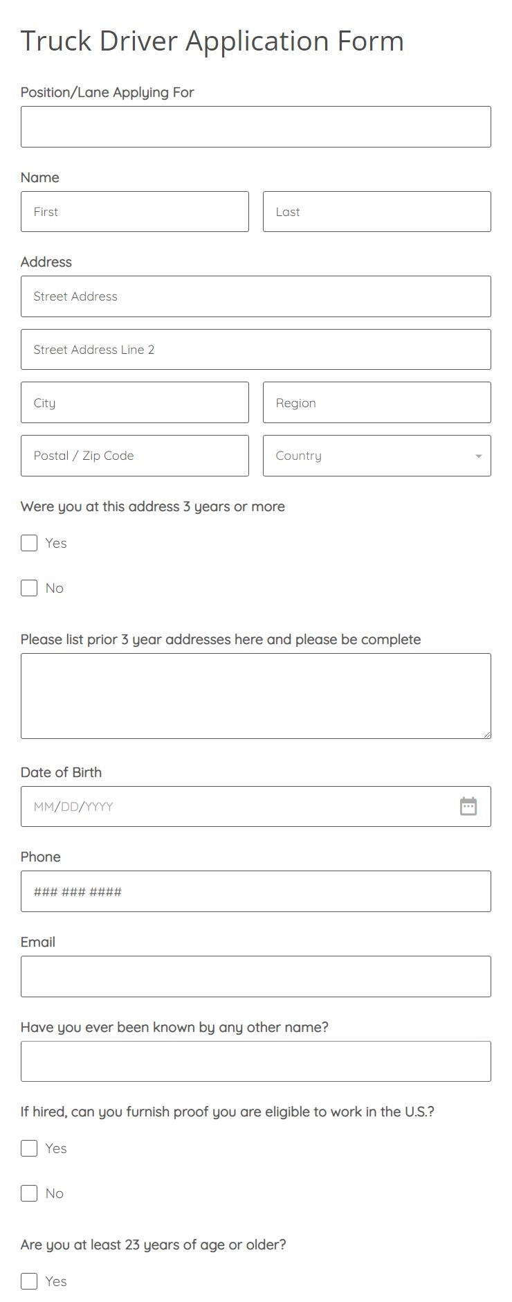 printable truck driver application form