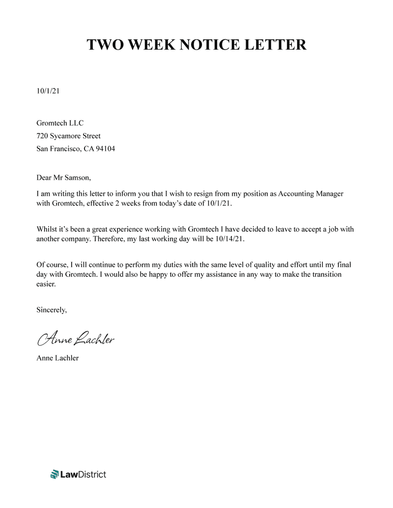 Two Weeks Notice Letter Resignation Template LawDistrict