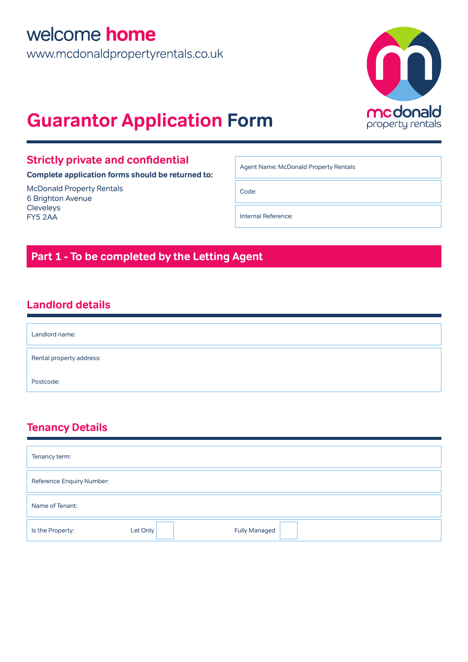 United Kingdom Guarantor Application Form Mcdonald Property Rentals Fill Out Sign Online And Download PDF Templateroller