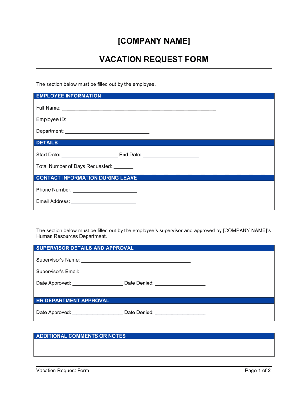 Vacation Request Form Template Vacation Request Form Template