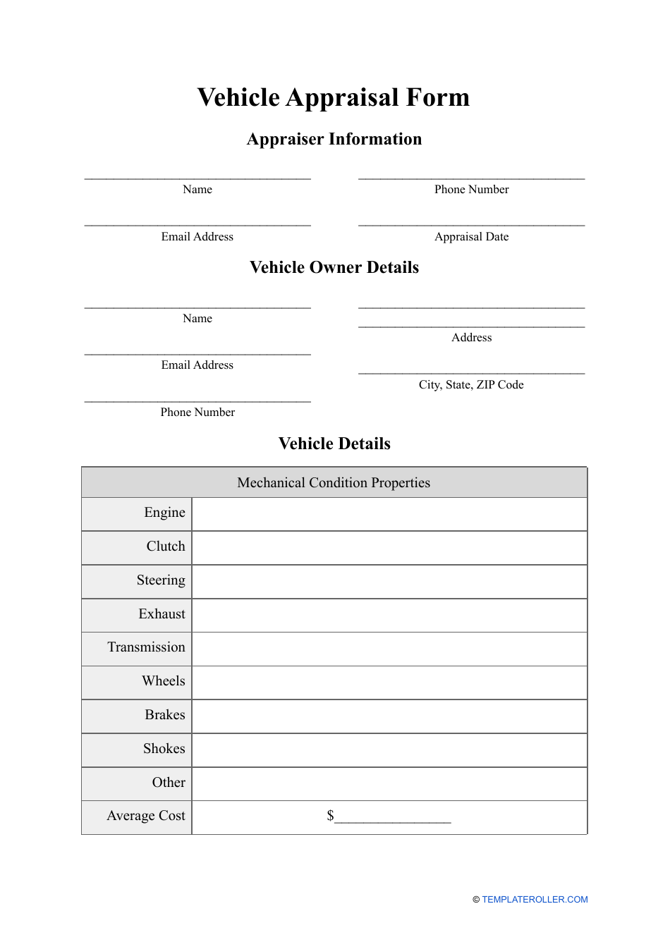 Vehicle Appraisal Form Fill Out Sign Online And Download PDF Templateroller