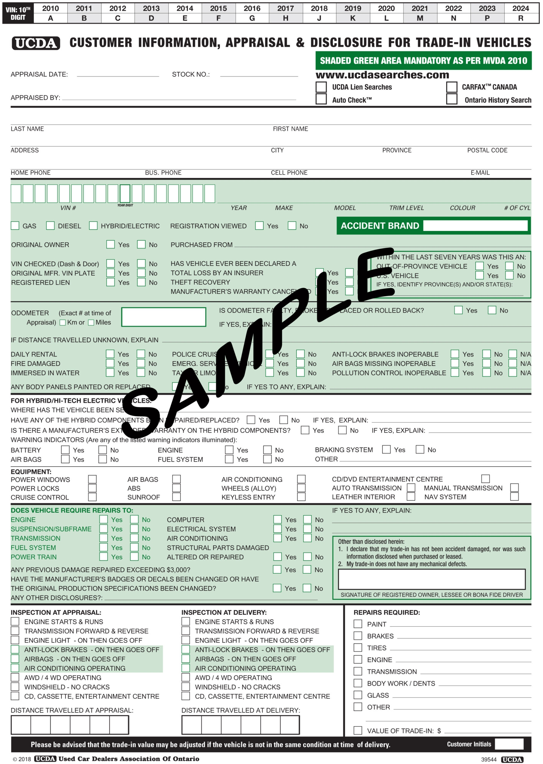 Vehicle Appraisal Forms The Used Car Dealers Association Of Ontario