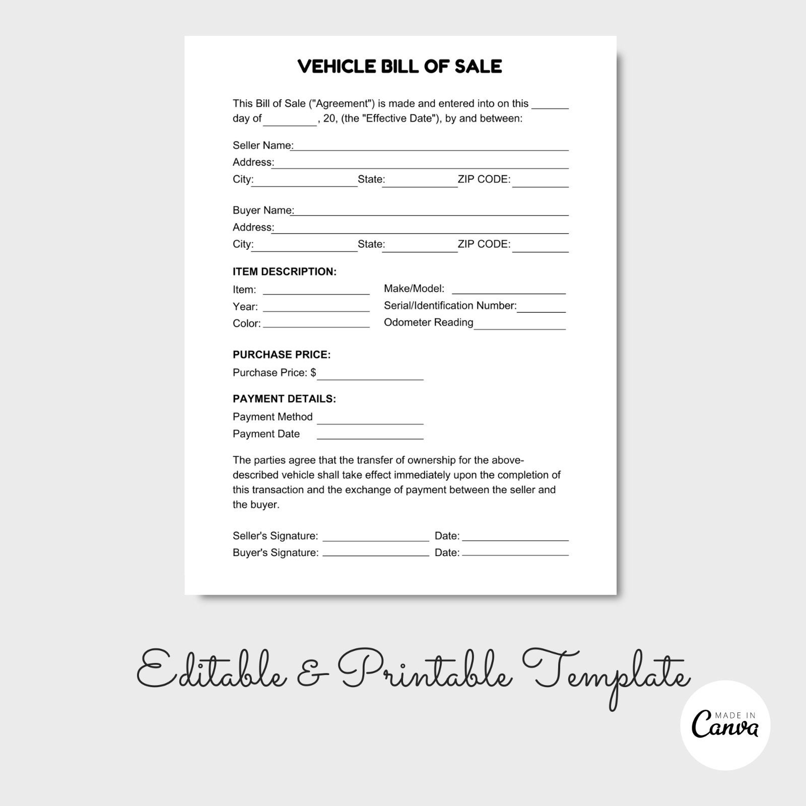 Vehicle Bill Of Sale Template Car Sale Agreement canva Doc File digital Download Etsy
