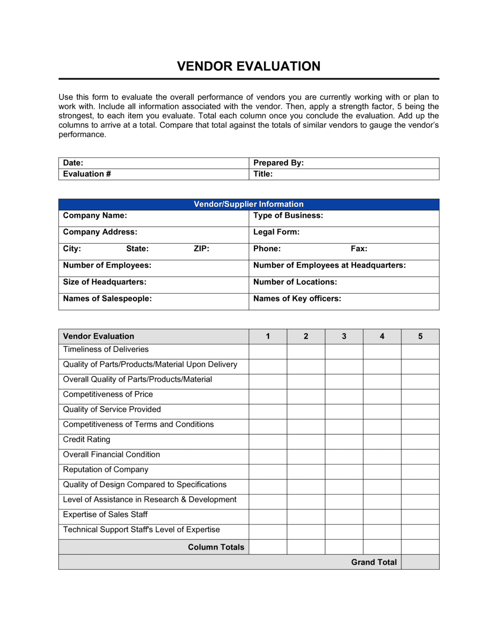 Vendor Evaluation Template