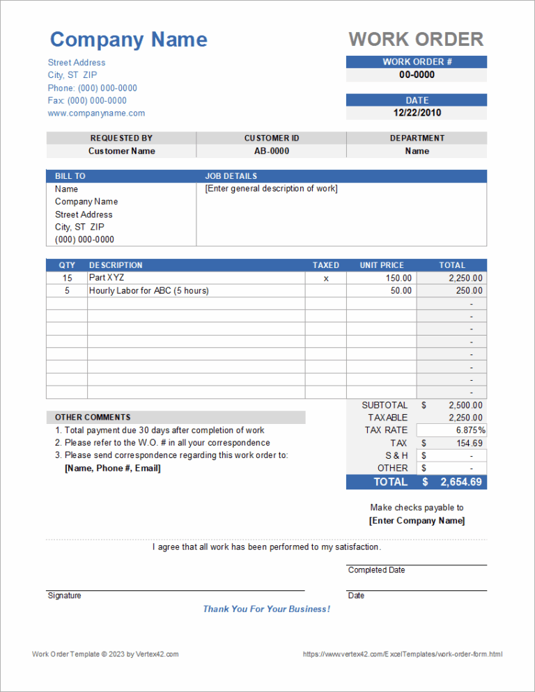 Work Order Form Template For Excel