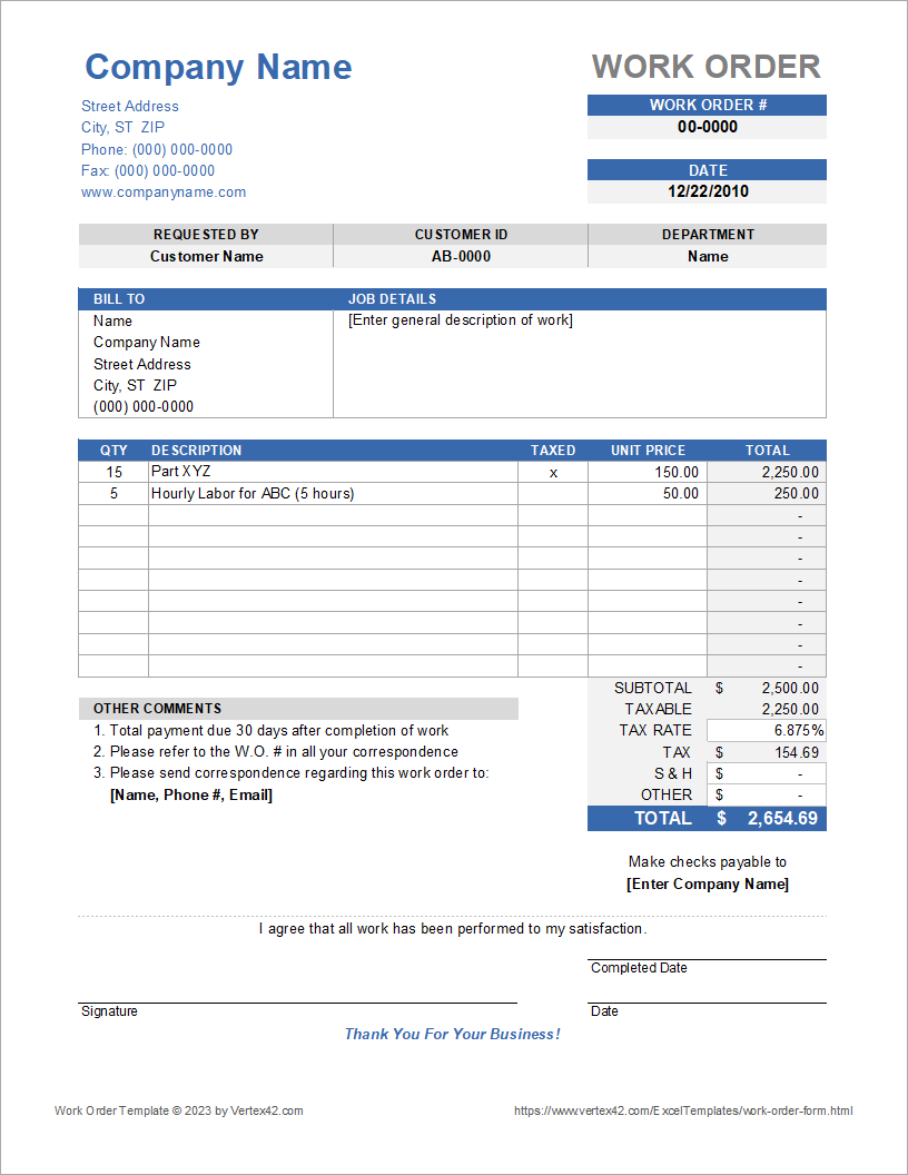 Work Order Form Template For Excel