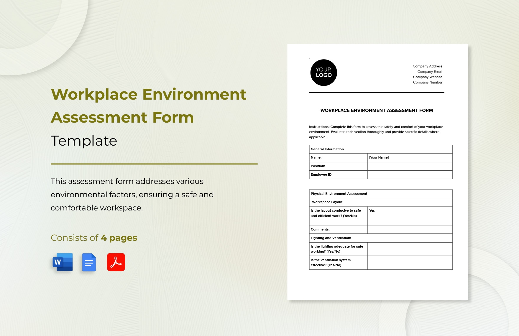 Workplace Environment Assessment Form Template In Word PDF Google Docs Download Template