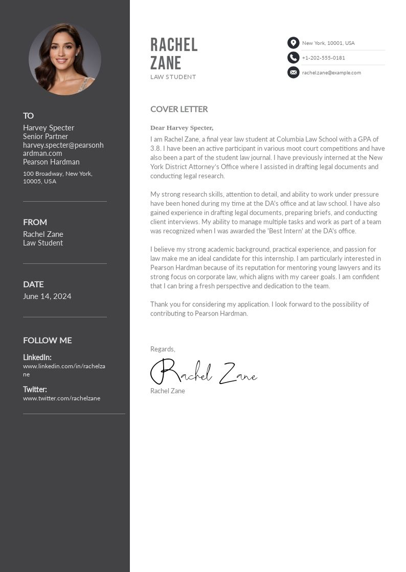 sample cover letter for internship