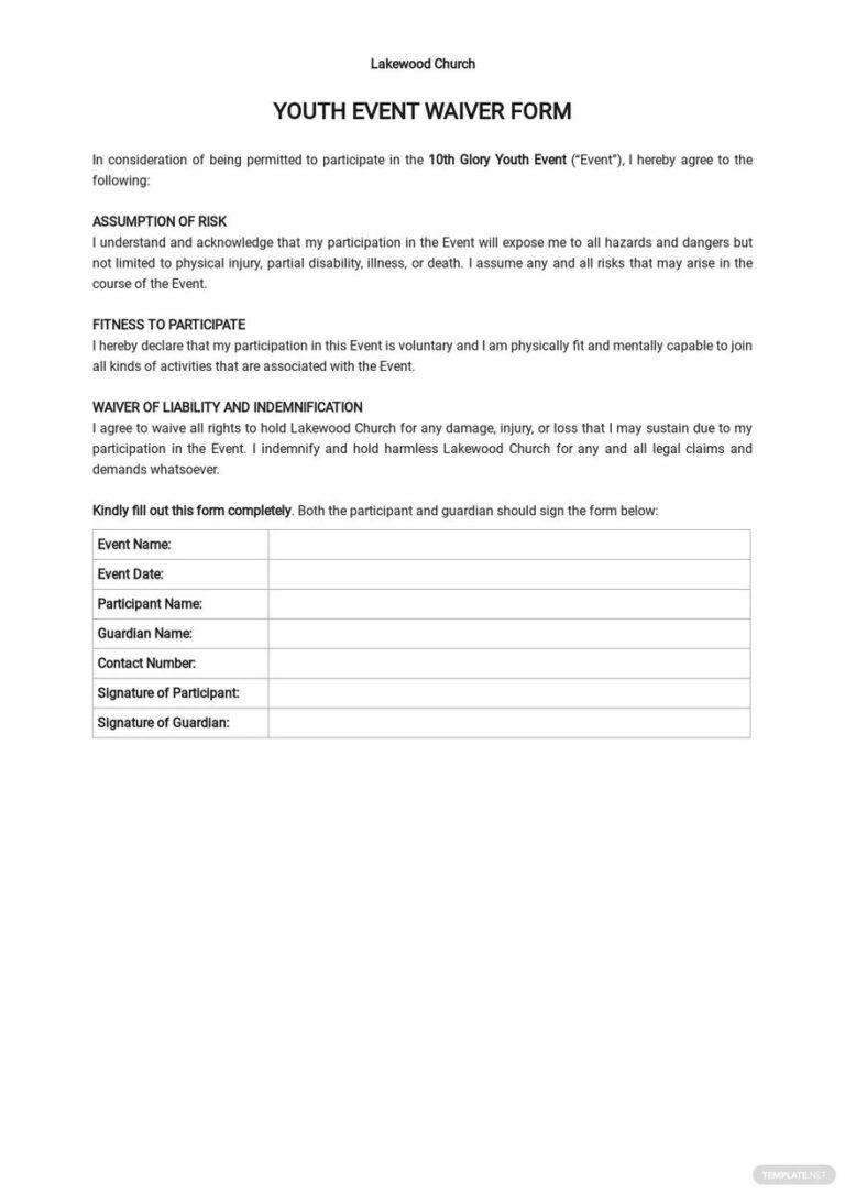 Youth Event Waiver Form Template In Word Google Docs Download Template 